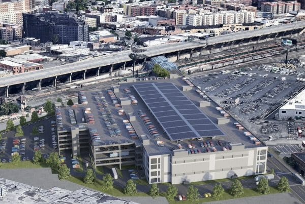 Aerial Bronx Logistics Center rendering - distribution center construction project.