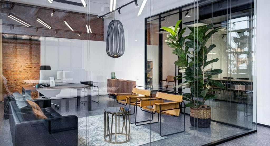 office_2_FPO Office interior - office with glass walls, couch, large plant, desk, and decorative lighting