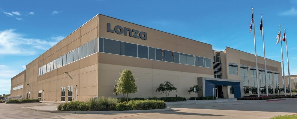 Lonza construction project - front of building showing logo and entrance