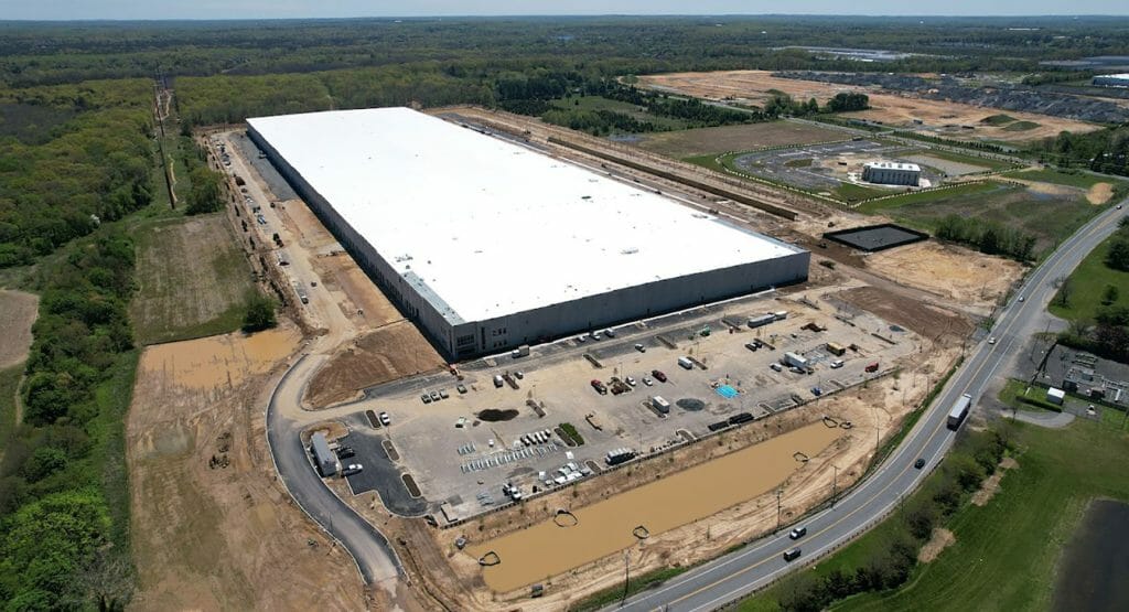 Overhead view of large industrial warehouse construction project in Philadelphia