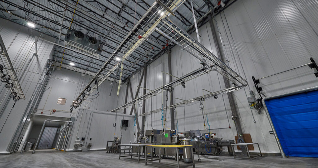 Cold storage facility interior with stainless steel equipment